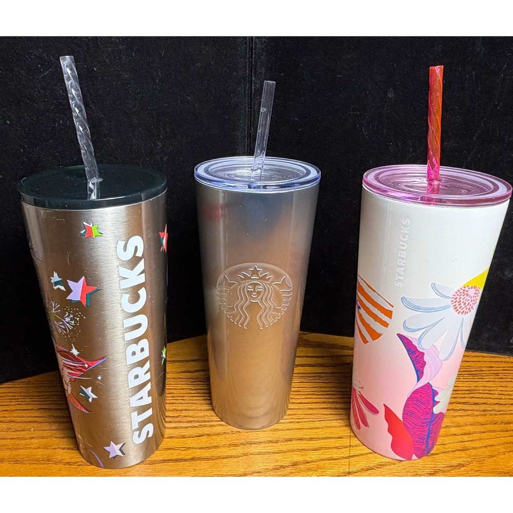 Starbucks Stainless Steel Cold Cup 3 Tumbler Set-24oz Holiday Floral Iridescent